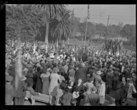 Crowds gather in Lafayette Park after United Nations parade, Los Angeles, 1943