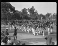 ROTC members marching with rifles at the Tournament of Roses Parade, Pasadena, 1930