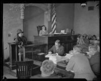 Witness testifies at Aimee Semple McPherson's preliminary hearing, Los Angeles, circa 1926