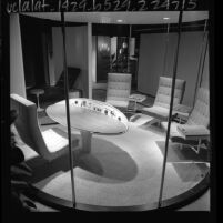 Exhibit of 1960s outer space influenced office furniture at International Design Center, Los Angeles, 1964