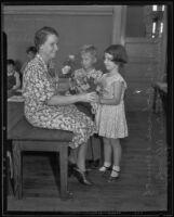 Mrs. Dorothy Bothman, Kenneth Knollenberg, and Christine Ullrich on the first day back to school, Montebello, 1935