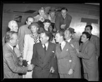 Actors boarding TWA plane for A.F.L. council meeting concerning American Federation of Actors, Los Angeles, Calif., 1944