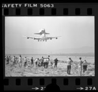 Space Shuttle Enterprise, riding piggyback on 747, landing after maiden test flight, Calif., 1977