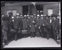 Exiled Bishop Manuel Azpeitia Palomar and priests at a train station before their return to Mexico, Los Angeles, 1929