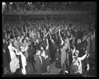 Congregation at Angelus Temple during 14-hour Holy Ghost service led by Aimee Semple McPherson, Los Angeles, Calif., 1942