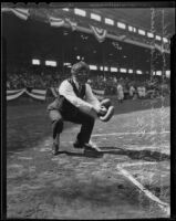 Sheriff Gene Biscailuz steps onto Wrigley Field, Los Angeles, 1936