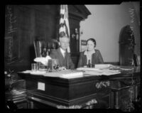 Judge Harry Hollzer shares the bench with Mabel Walker Willebrandt, Los Angeles, 1926