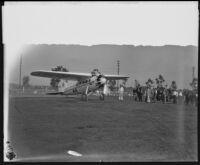 Art Goebel's plane at Mines Field before a race to Cincinnati, Los Angeles, 1928