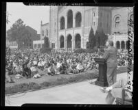 University of California President Robert Gordon Sproul addressing U.C.L.A. students in front of Royce Hall, 1947