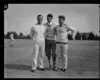Charley Paddock, Charles Hoff and third pose for photograph, Los Angeles, 1920s