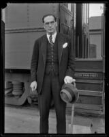Otto Klemperer, Austrian conductor, arriving, Los Angeles, 1933