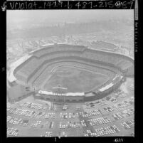 Aerial view of baseball game at Dodgers Stadium in Los Angeles, 1962