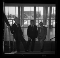 Henry Dreyfuss, left, Lew Wasserman and Walt Disney on grand staircase of Music Center Pavillion, Los Angeles, 1965