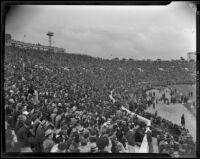 93,000 fans gather to watch U.S.C. Trojans play against Duke Blue Devils at the Rose Bowl, Pasadena, 1939