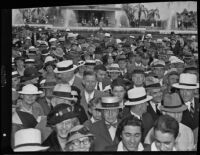 Crowd in front of the Firestone Fountain at the California Pacific International Exposition in Balboa Park, San Diego, 1935-1936