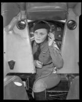 Theresa Mantz takes a call on a monoplane, Los Angeles, 1935