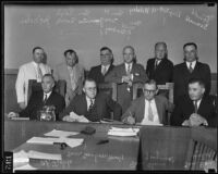 California State Senators Ed Tickle, Sanborn Young, Chris Jesperssen, Ben Hulse, Jerrold Seawell, Will R. Sharkey, Henry McGuinness, Ralph Swing, Dep. Dist. Atty. H Leslie Wildey, and Joe Noaln, Los Angeles, 1935