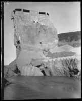 View of the remaining center portion of the St. Francis Dam after its disastrous collapse, San Francisquito Canyon (Calif.), 1928