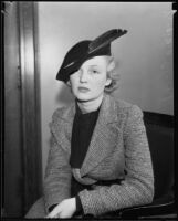 Viriginia Cherrill appears in court for alimony plea, Los Angeles, 1934