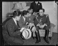 Prince Kaya of Japan interviewed by Japanese reporters at the Ambassador Hotel, Los Angeles, 1934