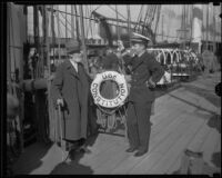 Charles Nowak talks with Lieutenant J. Y. Dannenberg on board the Constitution, San Pedro, 1933