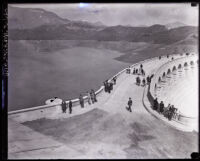 People on Mulholland Dam the day it was opened, Hollywood (Los Angeles), 1925