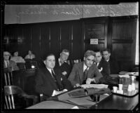 Harold E. Wolcott with his lawyers Archie Orme, George S. Carter, William W. Larson and L.R. Shaw, Pasadena, 1933