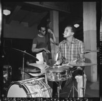 Harry Belafonte plays the drums, Los Angeles, 1965