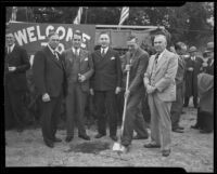 Ground-breaking ceremony attended by Albert Daniels, Baldwin M. Baldwin, Major T. D. Weaver, Herbert C. Legg, and J. K. Reed, Arcadia, 1936