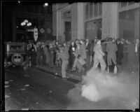 Protesters fleeing from tear gas during Los Angeles Railway strike, Los Angeles, 1934