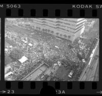 View from atop building looking down on crowd at political rally for Walter F. Mondale in Los Angeles, Calif., 1984