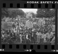 Demonstrators with signs, most in Spanish protesting the Simpson-Mazzoli immigration bill in Los Angeles, Calif., 1983