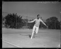 Ned Wheldon plays tennis at the Griffith Park Tennis Club, Los Angeles, 1933