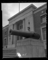 Know Your City No.69 Close up of canon and front façade of National Guard Armory in Exposition Park, Los Angeles, 1956