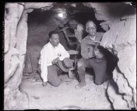 Men preparing an excavation blast during construction of the San Gabriel Dam, Los Angeles County, 1929