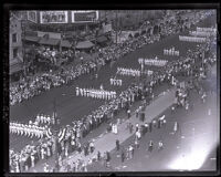 Flag-bearers and drill teams proceed down Ocean Boulevard during American Legion Parade, Long Beach, 1931