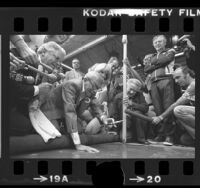 Comedian George Burns leaving his imprint in cement at Mann's Chinese Theatre in Hollywood, Calif., 1979