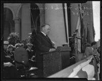 Mayor Frank L. Shaw speaks at Navy Day celebration on City Hall steps, Los Angeles, 1935