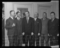 Colonel D.H. Connolly, Archibald B. Young, Harry L. Hopkins, Robert H. Hinckley, Ray W. Piling, and Frank Y. McLaughlin discuss government-assistance jobs, Los Angeles, 1935