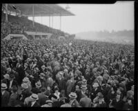 Spectators in the grandstand at Santa Anita Park on Christmas, the first day it opened, Arcadia, 1934