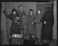 Convicted murderers Hazel Glab, Berbie Brockman, and Mabel Willys escorted by Deputy Sheriffs Verne Fleming and Adah Van Oeveran, Los Angeles, 1936
