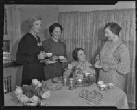 Council Presidents' Ethel Raith, Ivy Gresser, Verna Berquist, and Mrs. Clarence West having tea, Los Angeles, 1936