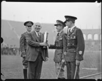 Governor Frank Merriam presents an award to members of the R.O.T.C., Los Angeles, 1934