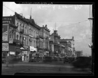 Street scene along 400 block of N. Main Street with Hotel Azteca in Los Angeles, Calif., circa 1925