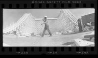 Panoramic view of construction of Magic Mountain's Colossus roller coaster, Calif., 1978