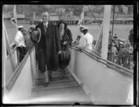 Calvin and Grace Coolidge board a boat in the harbor, Santa Catalina Island, 1930