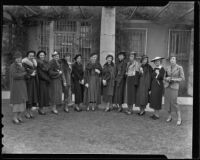 Spinsters Carol Stevens, Alene Withers, Helene Lee, Francis Callahan, Arlis Cowan, Caroline Babcock, Daisy Parsons, Bettie Ebbert, Barbara McCartney, Louise Hunter, Mary Rogers, and Juliet Green gather, Los Angeles, 1936