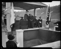 President von KleinSmid standing with man at U.S.C. Graduation, Los Angeles, 1926