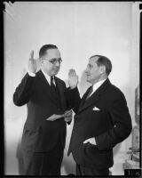 Judge Charles A. Ballreich being sworn in by judge Clement Nye, Los Angeles, 1935