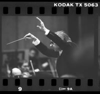 Andre Previn conducting the Los Angeles Philharmonic, Calif., 1985